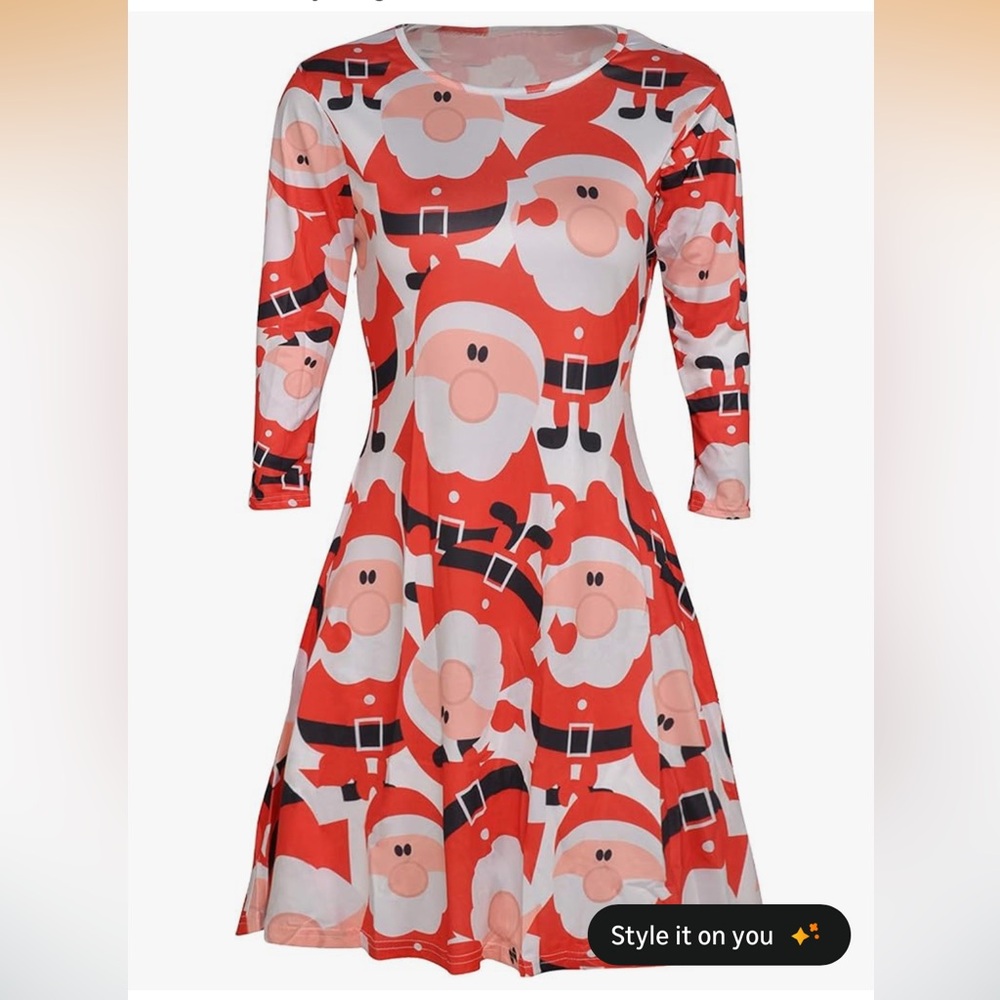 Amazon Red Santa Print Long Sleeve Dress